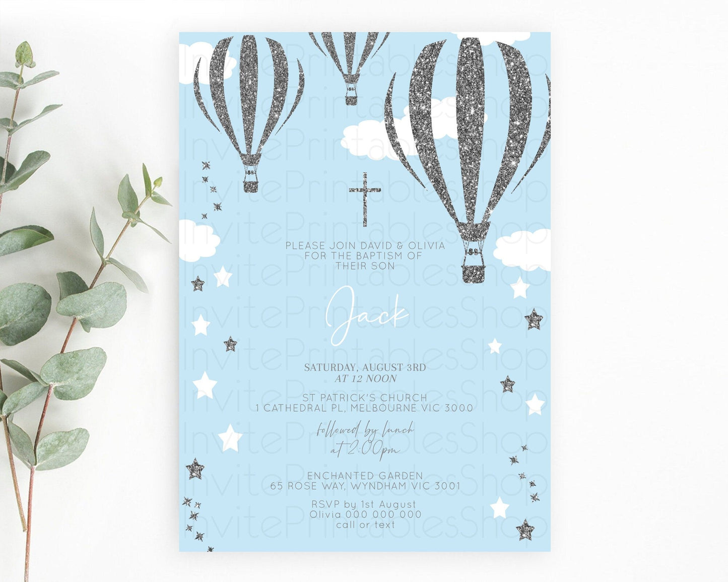 Hot Air Balloon Baptism Invitation Hot Air Balloon Baptism Birthday Invitation Adventure Awaits Up Up Away Glitter Blue Watercolor D10335