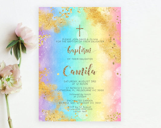 Pastel Baptism Invitation Pastel Colors Watercolor Baptism 1st Birthday Party Gold Ombre Pastel Rainbow Christening Holy Communion D10561