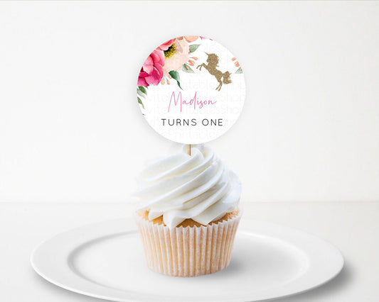 Editable Unicorn Garden Cupcake Toppers Pastel Floral Unicorn Cupcake Topper