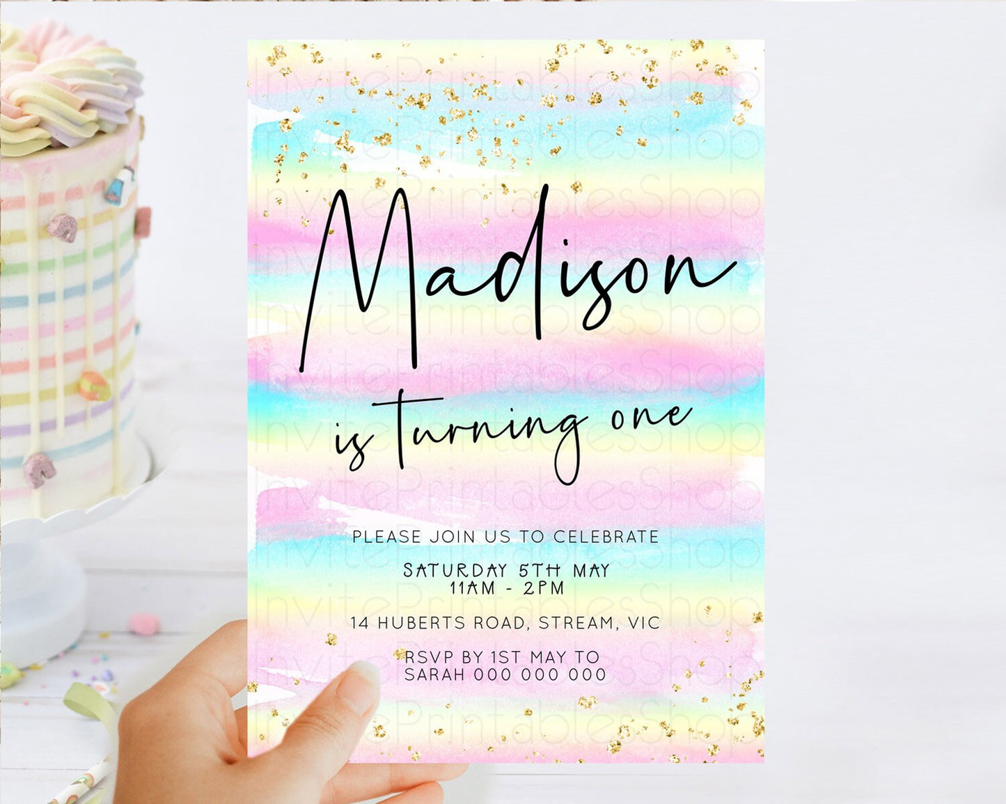 Pastel Birthday Invitation Ombre Watercolor Birthday Invitation Glitter Rainbow Color Splash 1st 2nd 3rd Birthday Invitation D23034