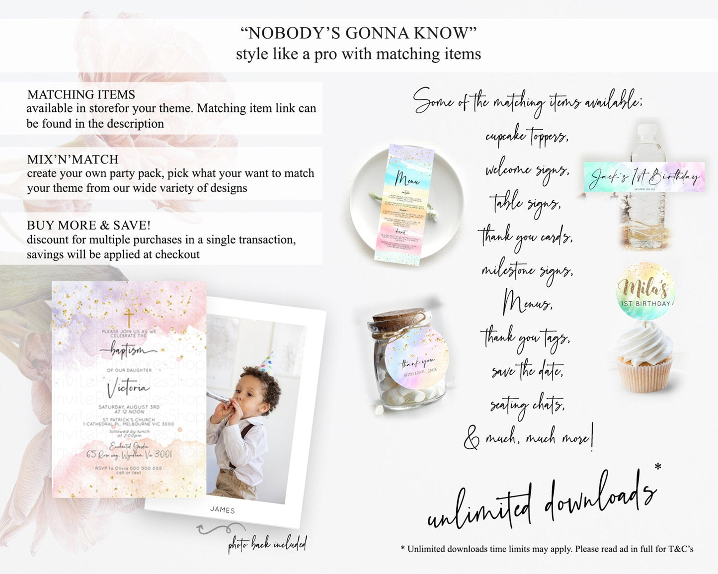 Pastel Baptism Invitation Pastel Colors Watercolor Baptism 1st Birthday Party Gold Ombre Pastel Rainbow Christening Holy Communion D10327