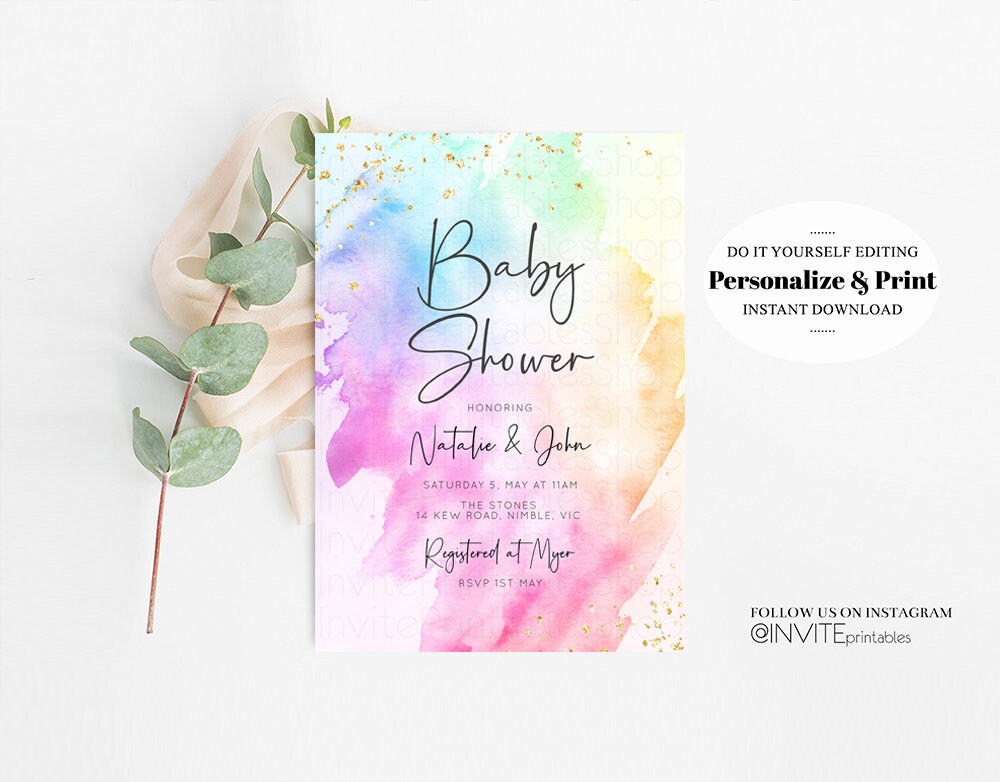 Rainbow Baby Shower Invitation Ombre Pastel Invitation Colorful Watercolor Splash Invite Gold Glitter Sprinkles Invite Blue Green Pink 504