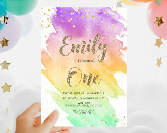 Editable Rainbow Birthday Invitation Colorful Pastel Watercolor Invitation G