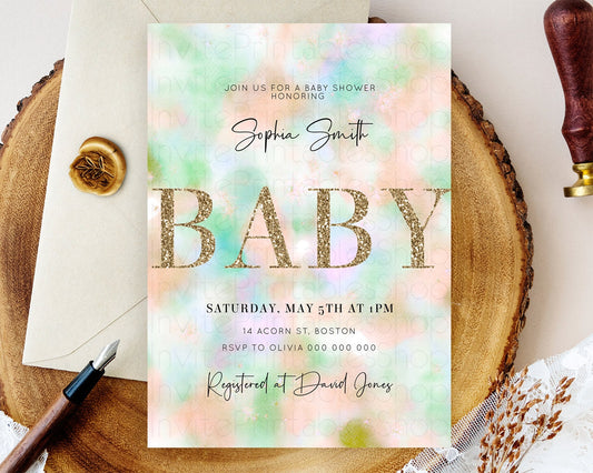 Watercolor Baby Shower Invitation, Pastel Orange and Green Tie Dye, Clouds, Gold Glitter Sprinkles, Rainbow, Colorful Pastel Ombre D10693