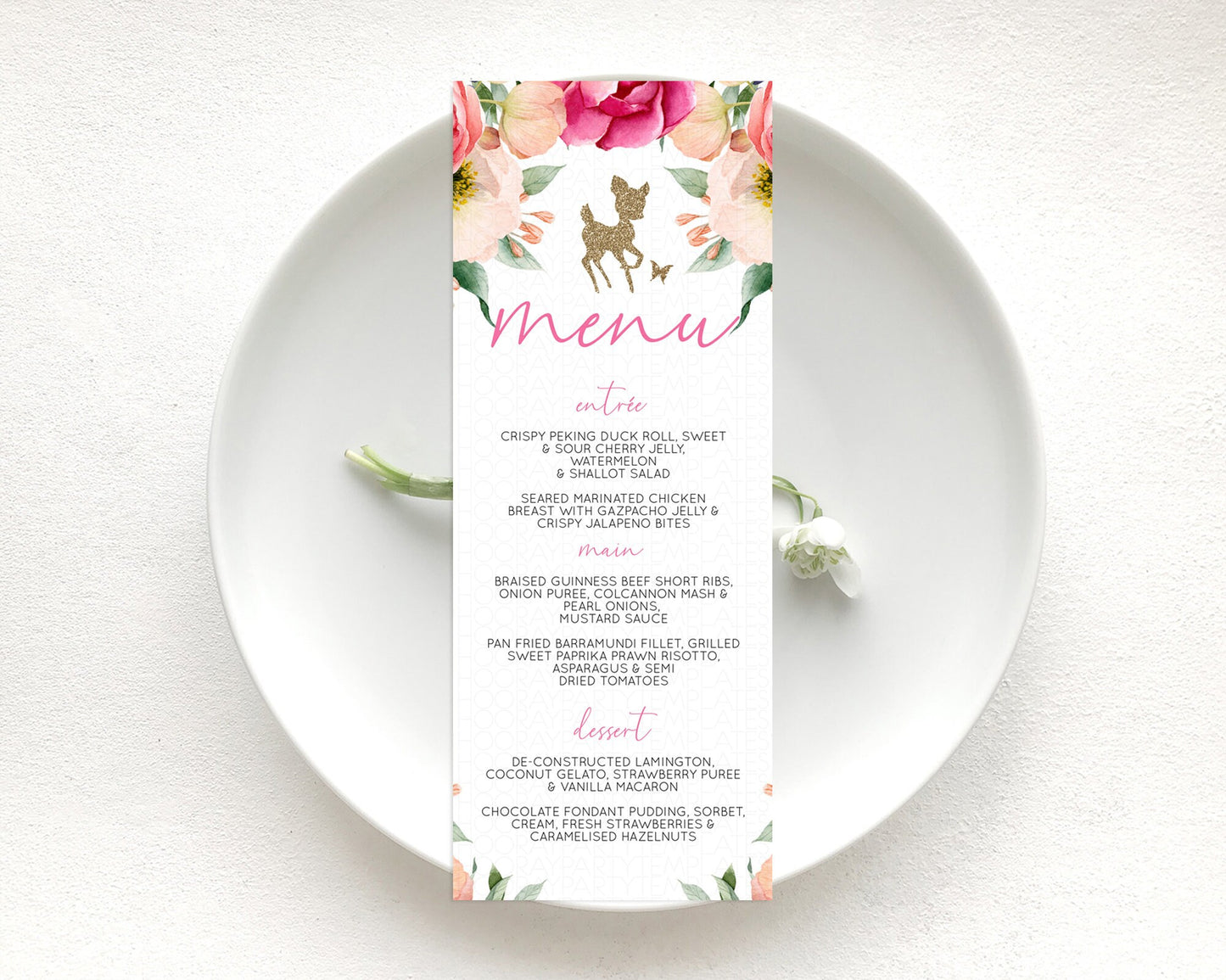 Fawn Menu Deer Menu Template Pastel Floral Deer Table Decor Enchanted Forest Butterfly Floral Dinner Dessert Menu Party Food Menu D10326