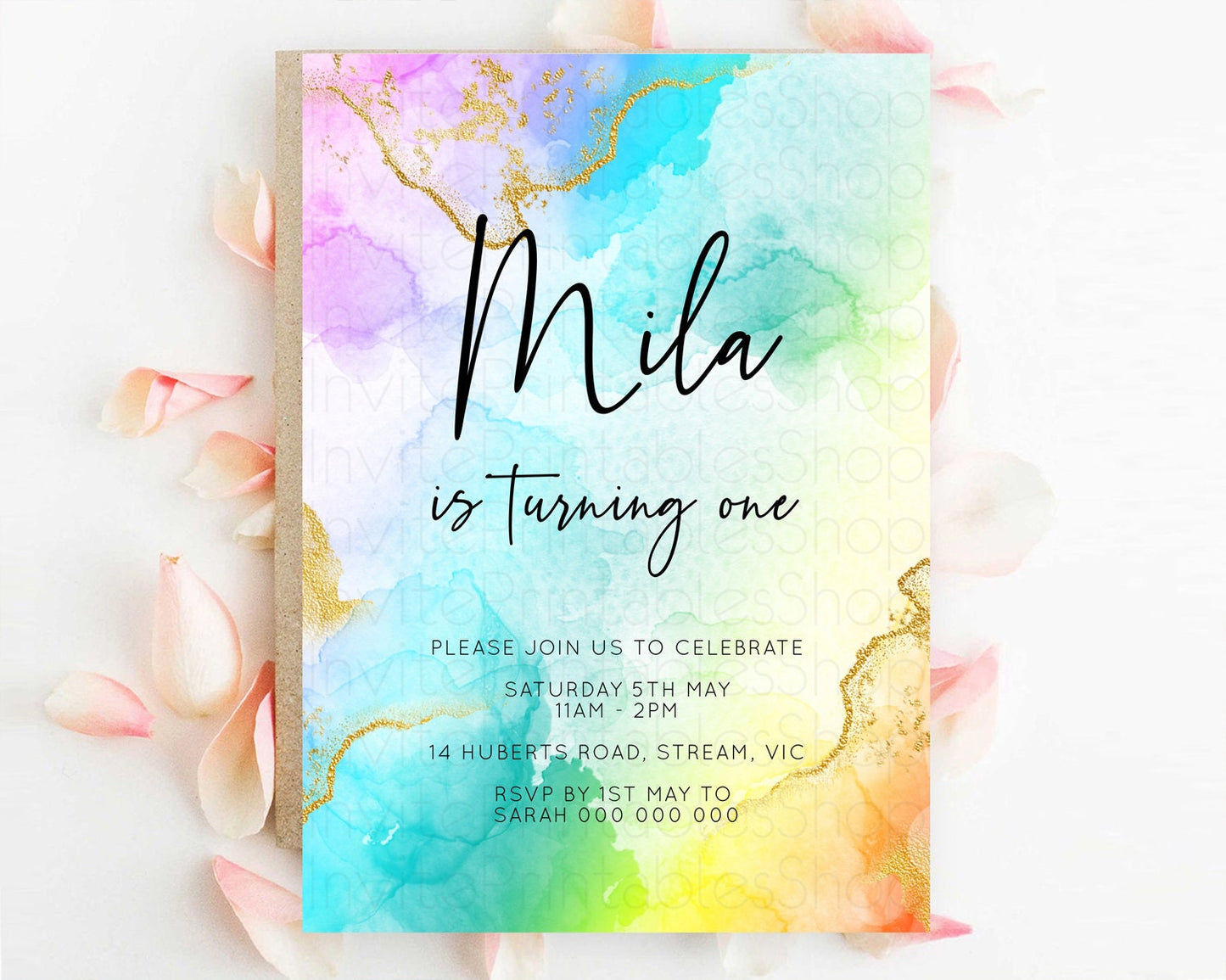 Rainbow Birthday Invitation Colorful Pastel Watercolor Invitation Gold Glitter Sprinkles Ombre Pastel 1st 2nd 3rd Birthday D10390