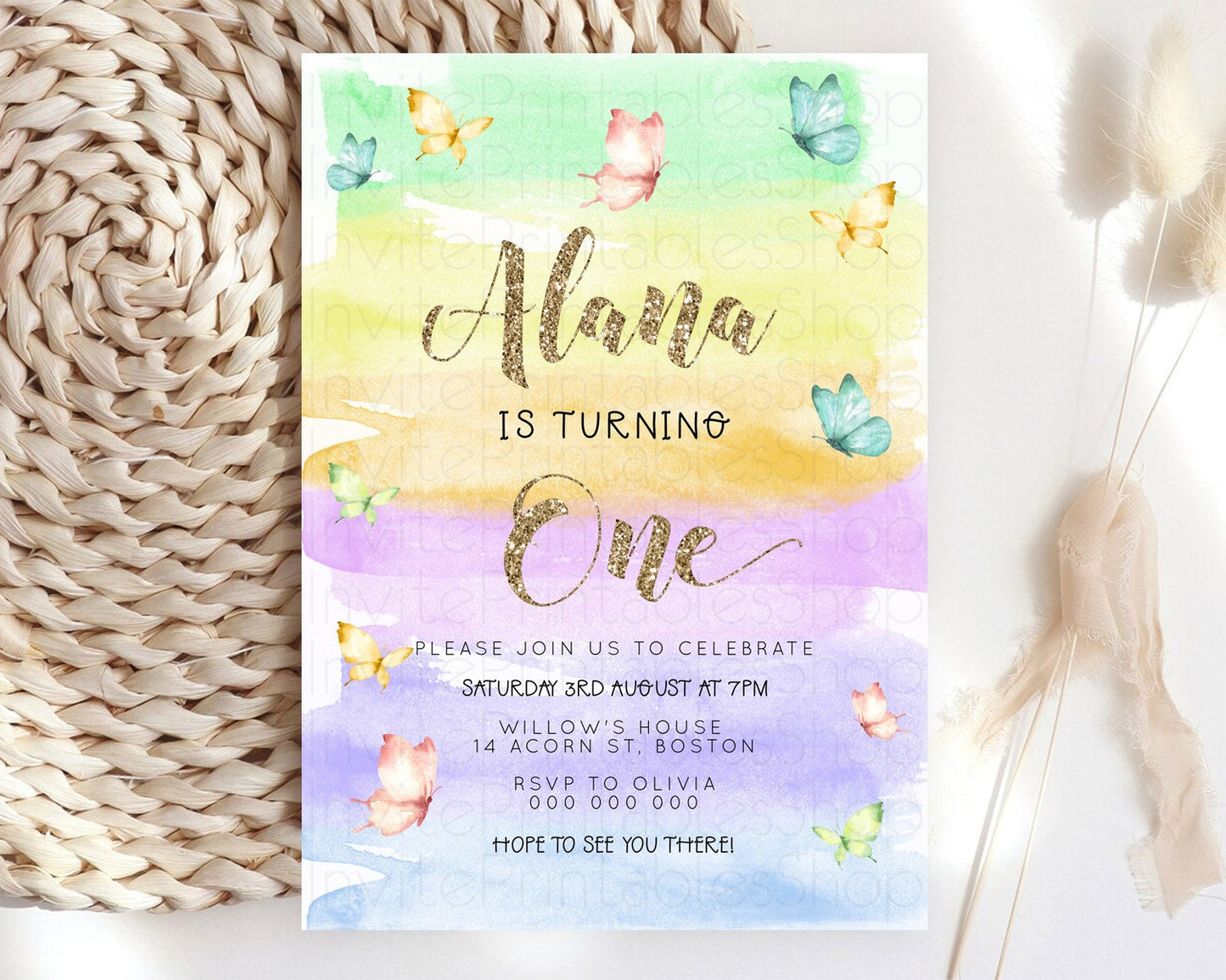 Pastel Butterfly Birthday Invitation Butterfly Birthday Invitation Colorful Splash Glitter Butterfly Garden 1st 2nd Birthday D23228