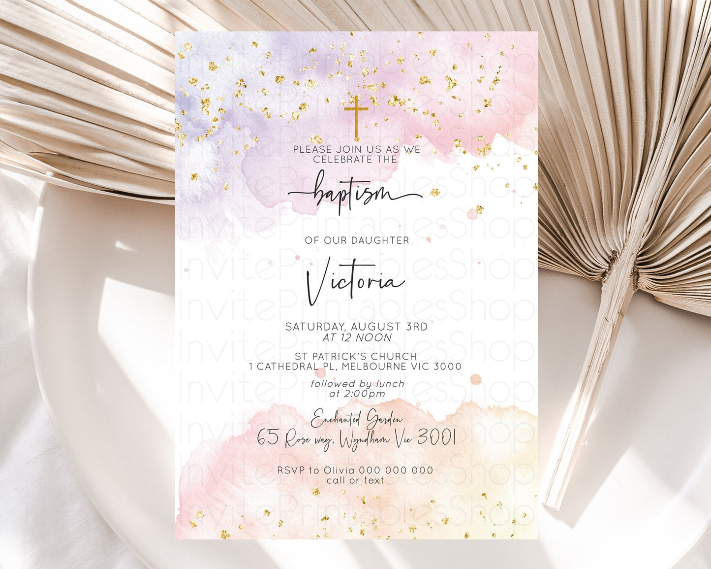 Pastel Baptism Invitation Pastel Colors Watercolor Baptism 1st Birthday Party Gold Ombre Pastel Rainbow Christening Holy Communion D10327