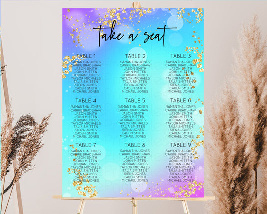 Blue Purple Seating Chart Ombre Watercolor Seating Sign Gold Mermaid Bright Pastel Seating Baby Shower Christening Birthday Baptism 572