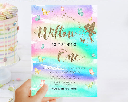 Pastel Fairy Birthday Invitation Pastel Butterflies Fairy Birthday Invitation Rainbow Ombre Watercolor 1st 2nd Birthday Invitation D23308