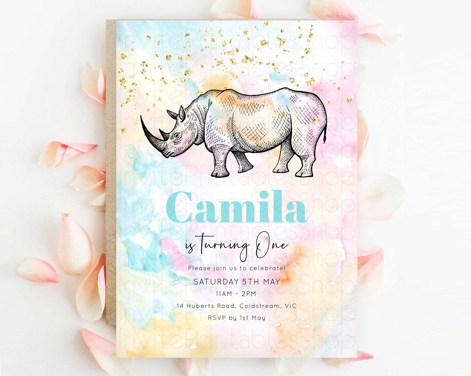 Editable Rhino Birthday Invitation Rhino Invitation Rhino Birthday Pastel Wa