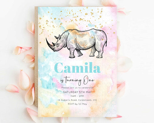 Editable Rhino Birthday Invitation Rhino Invitation Rhino Birthday Pastel Wa