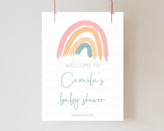 Editable Pastel Rainbow Baby Shower Welcome Sign Boho Rainbow Welcome Board