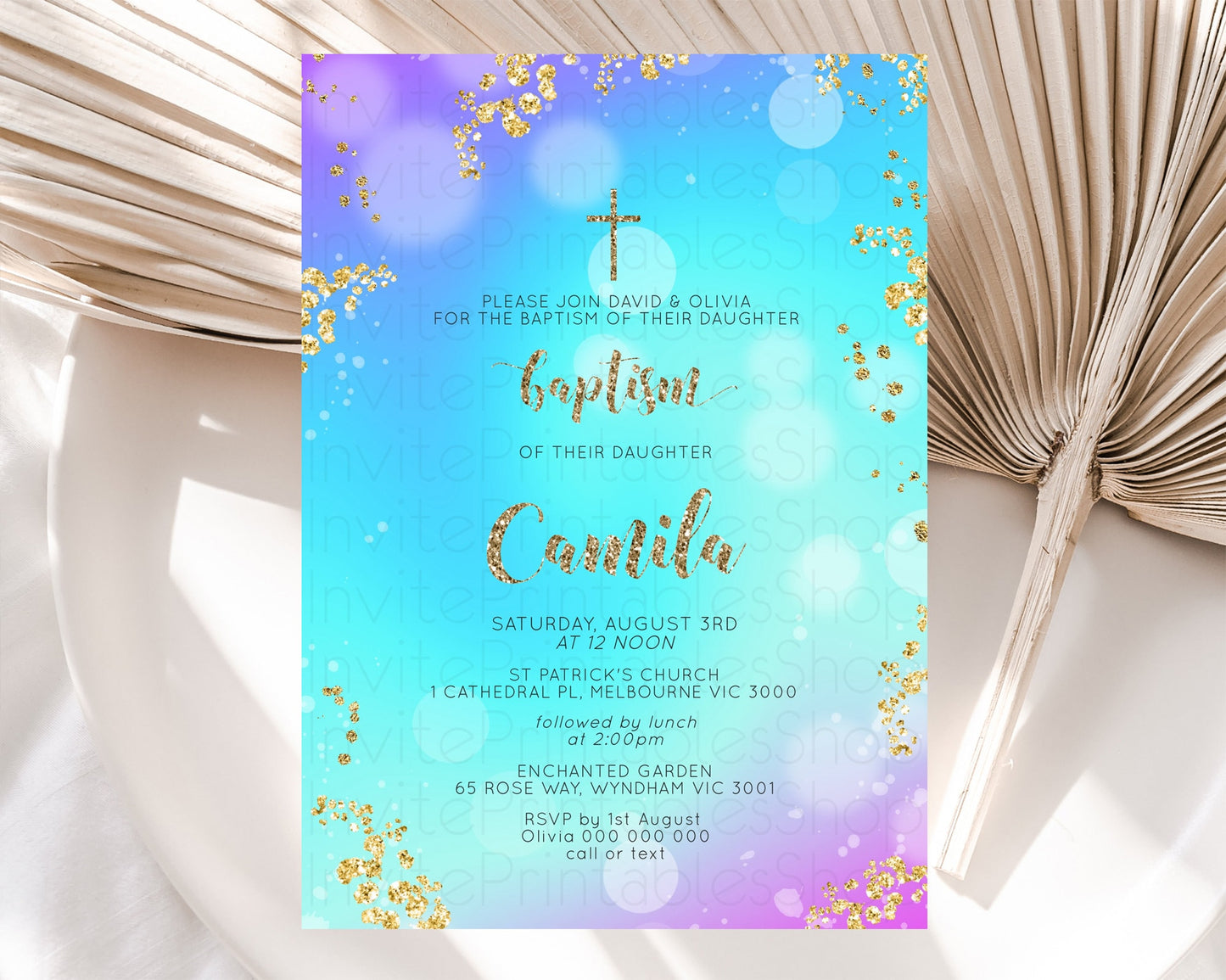 Pastel Baptism Invitation Pastel Colors Watercolor Baptism 1st Birthday Party Gold Ombre Pastel Rainbow Christening Holy Communion D10573