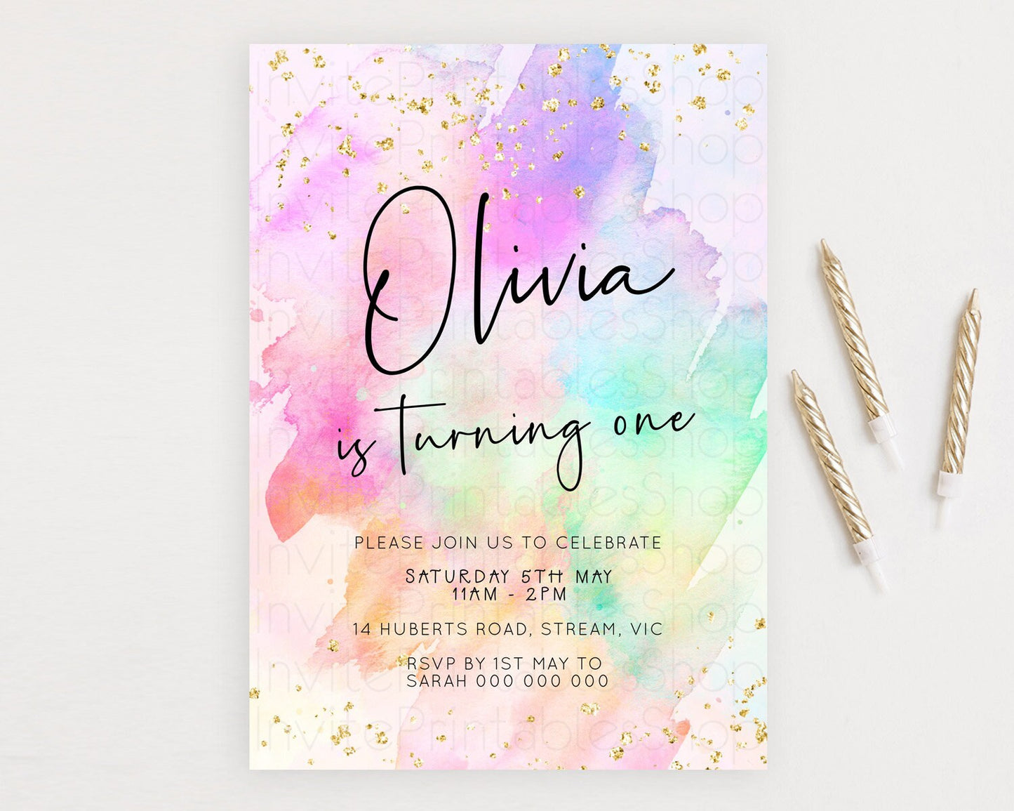 Pastel Birthday Invitation Ombre Watercolor Birthday Invitation Glitter Rainbow Color Splash 1st 2nd 3rd Birthday Invitation D23059