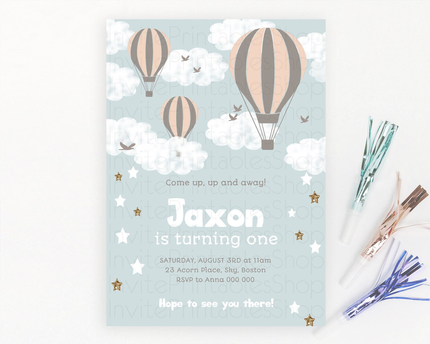 Hot Air Balloon Birthday Invitation Hot Air Balloon Invites Adventure Awaits Up Up & Away Glitter Blue Watercolor 1st Birthday Boy D10174