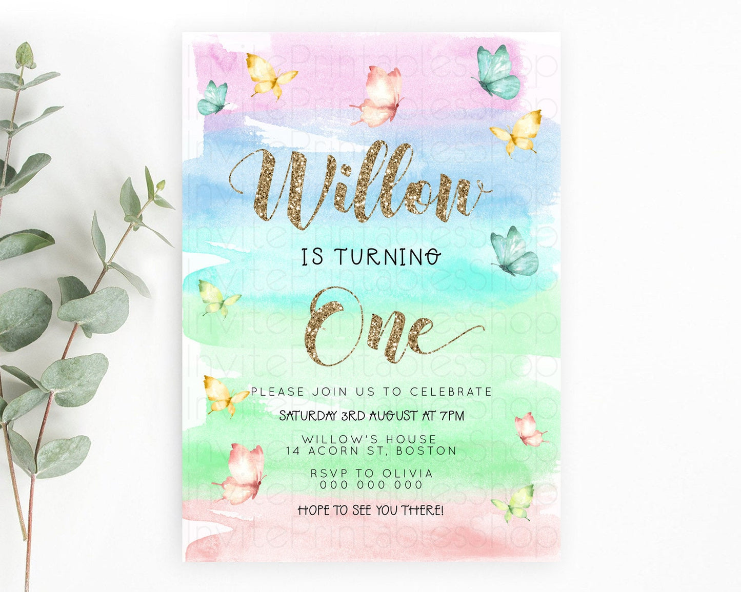 Pastel Butterfly Birthday Invitation Butterfly Birthday Invitation Colorful Splash Glitter Butterfly Garden 1st 2nd Birthday D23226