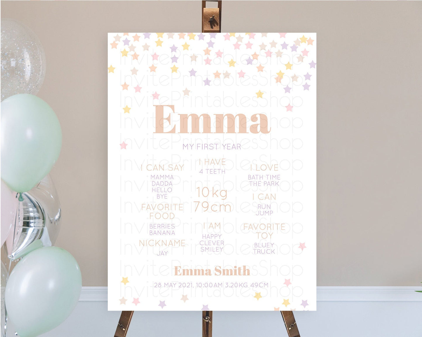 Star First Birthday Milestone Poster Pastel Stars Milestone Shooting Star Rainbow Colorful Confetti Twinkle Little Star 1st Birthday D10810