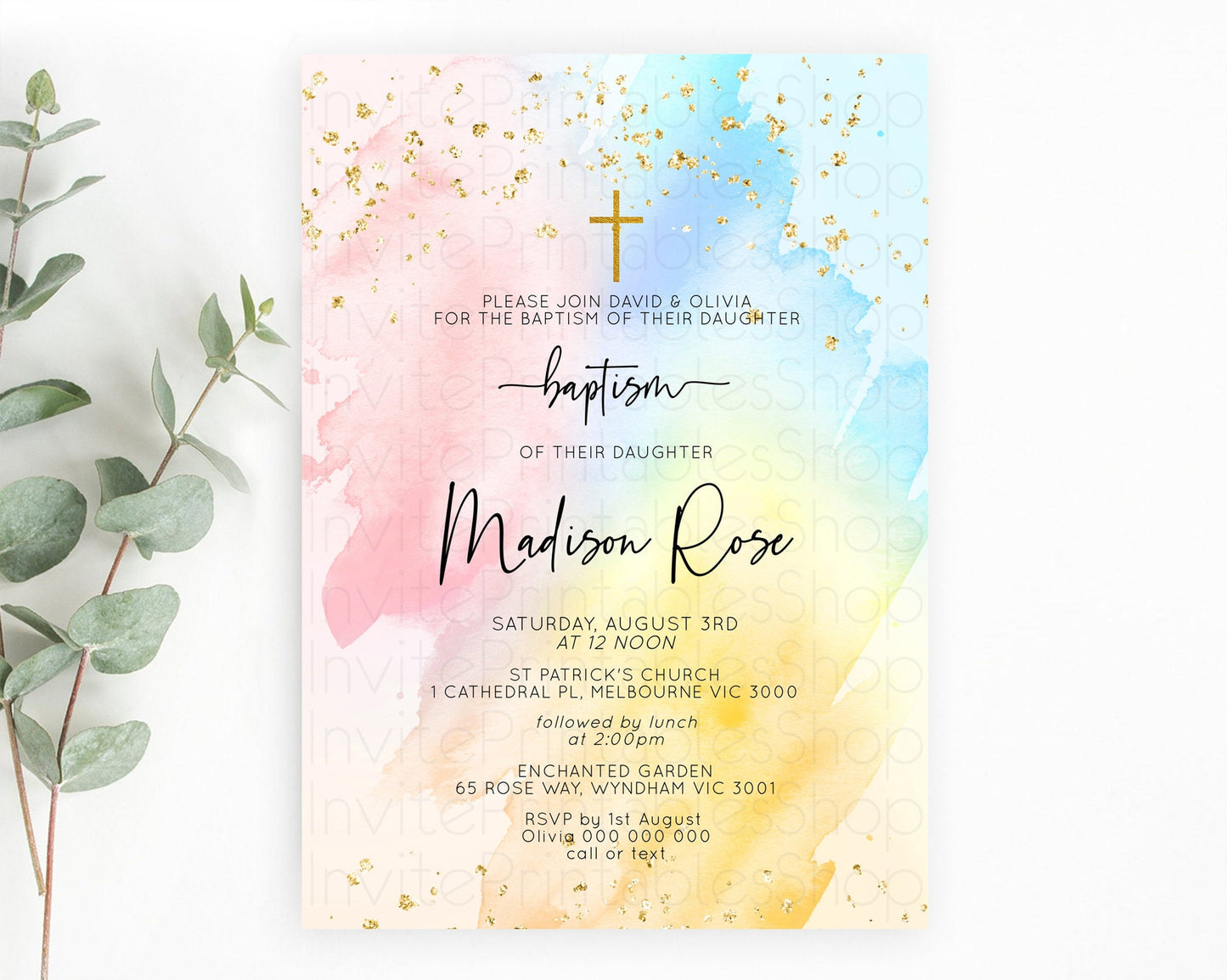 Pastel Baptism Invitation Pastel Colors Watercolor Baptism 1st Birthday Party Gold Ombre Pastel Rainbow Christening Holy Communion D10557