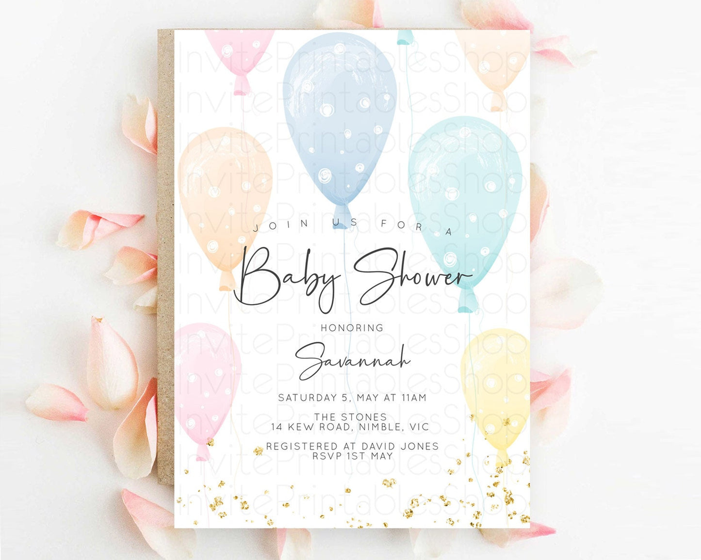 Pastel Rainbow Balloon Baby Shower Invitation, Balloon Invitation, Gender Reveal in Pink, Blue, Yellow, Orange with Gold Sprinkles D10776