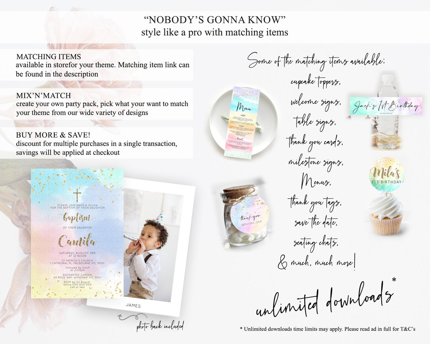 Pastel Baptism Invitation Pastel Colors Watercolor Baptism 1st Birthday Party Gold Ombre Pastel Rainbow Christening Holy Communion D10367