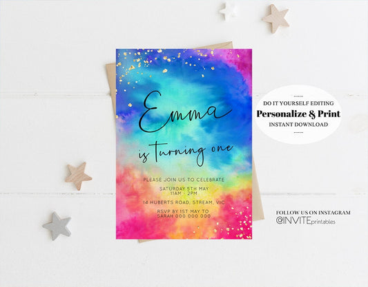 Rainbow Birthday Invitation Ombre Pastel Invitation Colorful Watercolor Splash Gold Glitter Sprinkles Tie Dye Printable Digital Invite