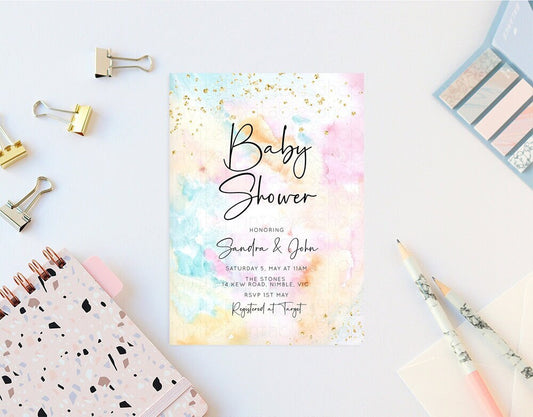 Rainbow Baby Shower Invitation Pastel Watercolor Invite Colorful Splash Invite Gold Sprinkle Invite Gold Glitter Invite Confetti Invite 566