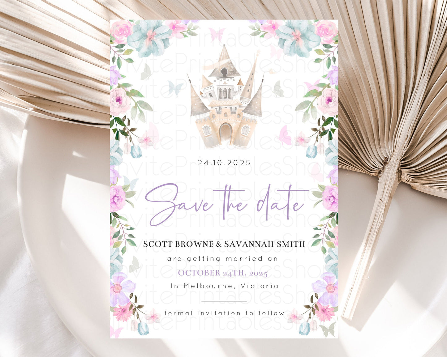 Princess Save The Date Template Secret Garden Enchanted Castle Pastel Floral Royal Party For 1st Birthday Baptism Baby Shower D10471