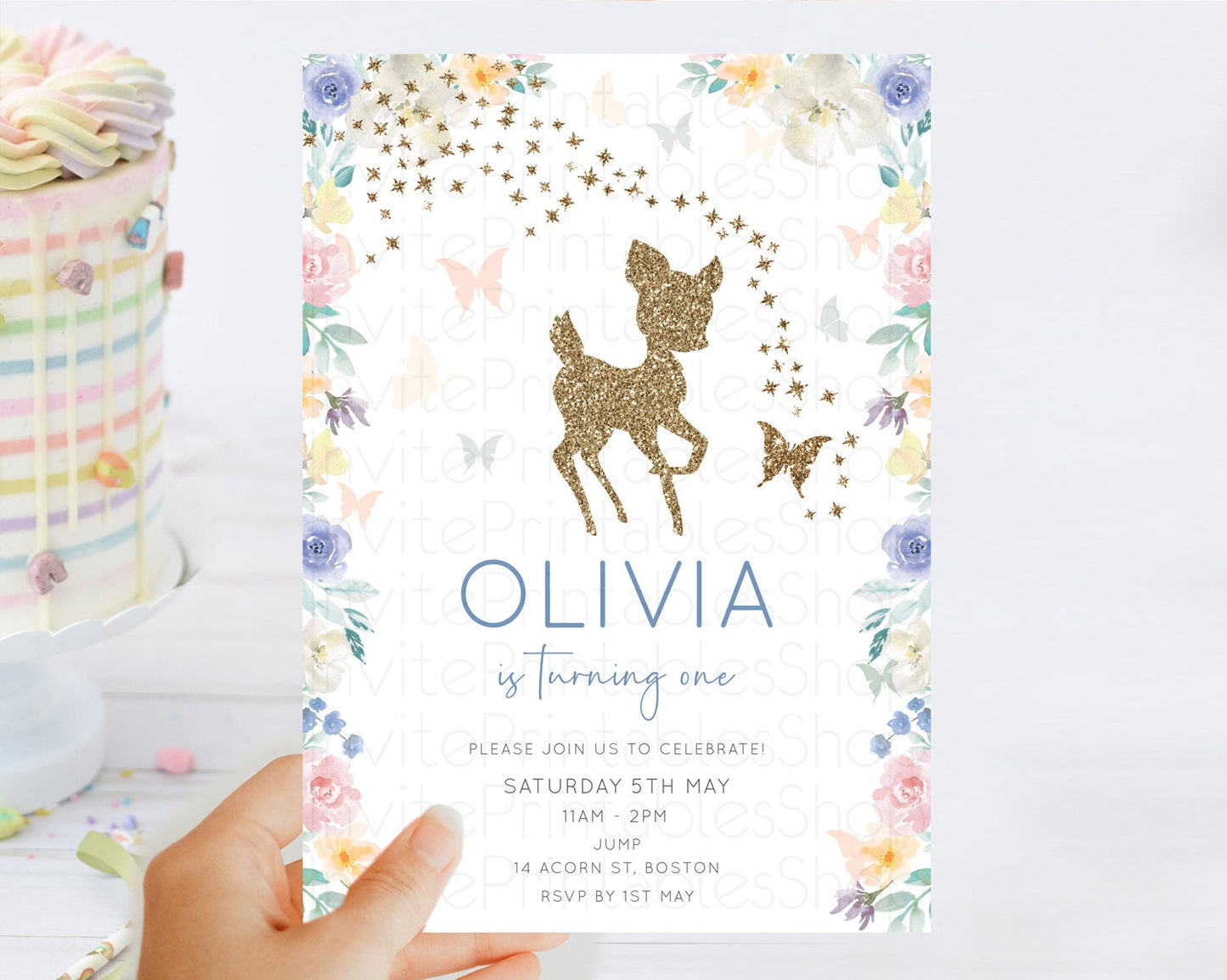 Fawn Birthday Invitation Deer Birthday Invitation Enchanted Forest Party Butterfly Pastel Flowers Whimsical 2nd 1st First Birthday D10878