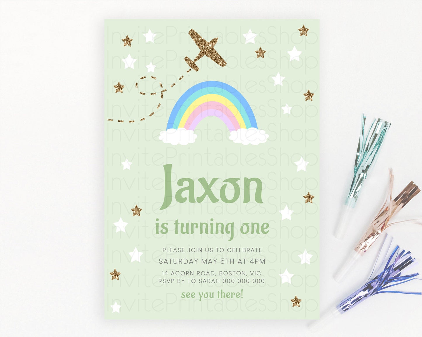 Plane Birthday Invitation Plane Invite Pastel Rainbow Clouds Stars Party Adventure Awaits Up Up Away Glitter 2nd 1st First Birthday D10293