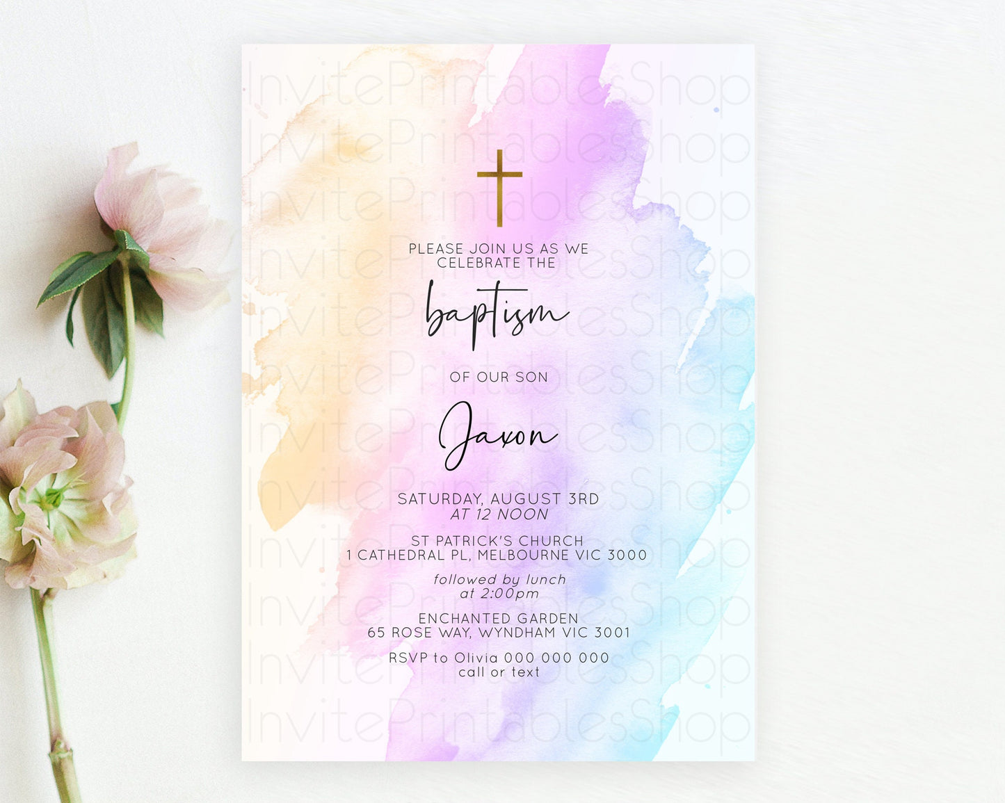 Pastel Baptism Invitation Pastel Colors Watercolor Baptism 1st Birthday Party Gold Ombre Pastel Rainbow Christening Holy Communion D10177