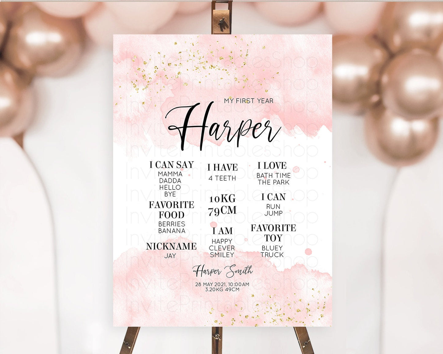 Editable Pink First Birthday Milestone Poster Pink Watercolor Milestone Boar