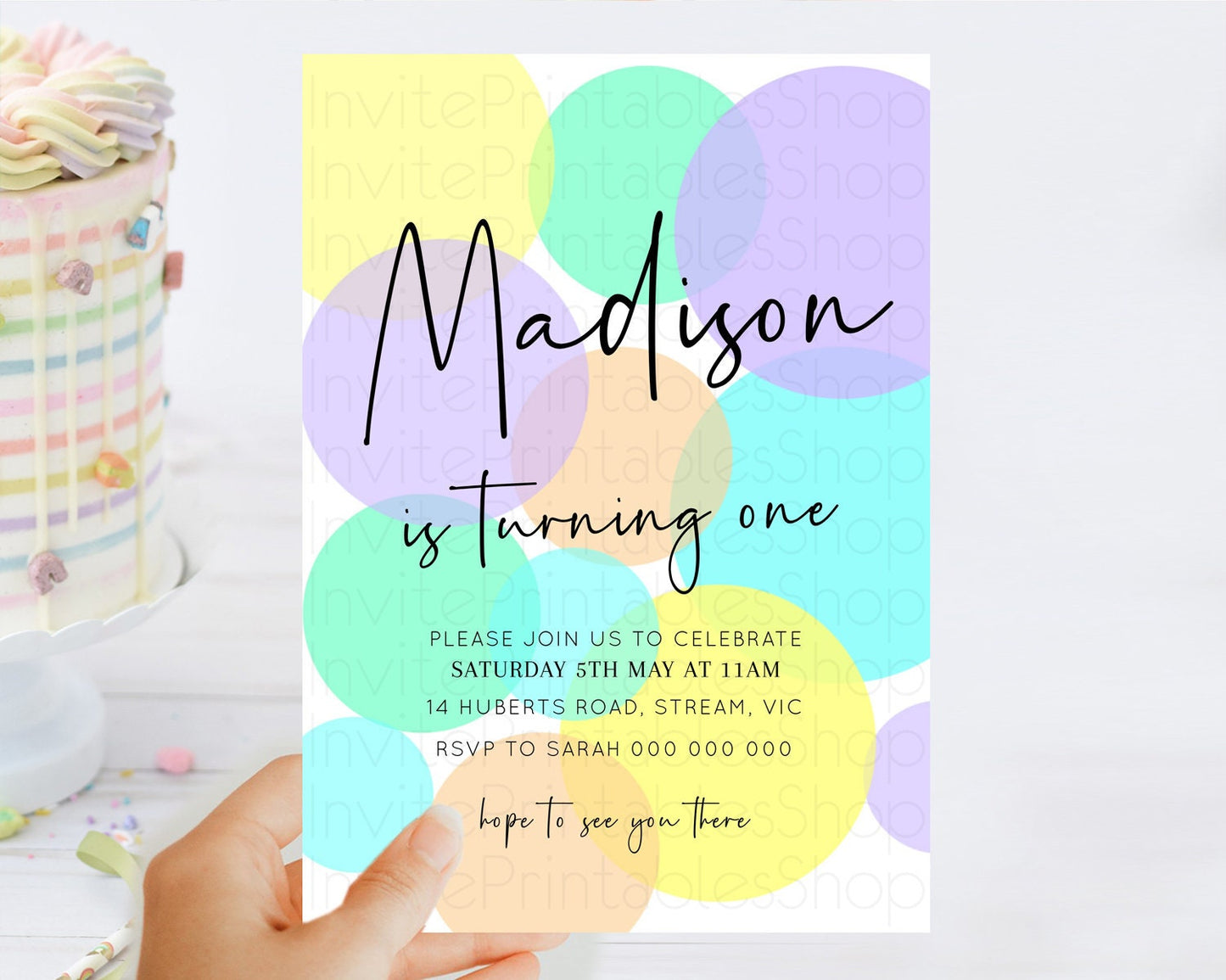 Pastel Birthday Invitation Pastel Confetti Birthday Invitation Bubbles Invitation Colorful Rainbow Confetti 2nd 1st First Birthday D10412