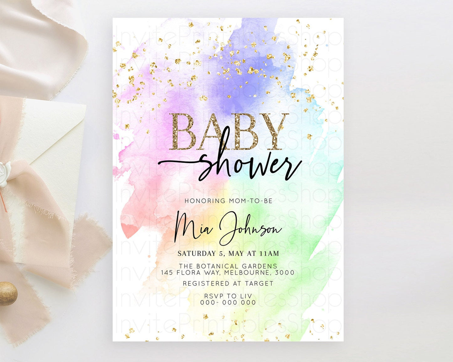 Pastel Baby Shower Invitation Rainbow Baby Shower Invitation Colorful Pastel Watercolor Invitation Gold Glitter Sprinkles Ombre D10316