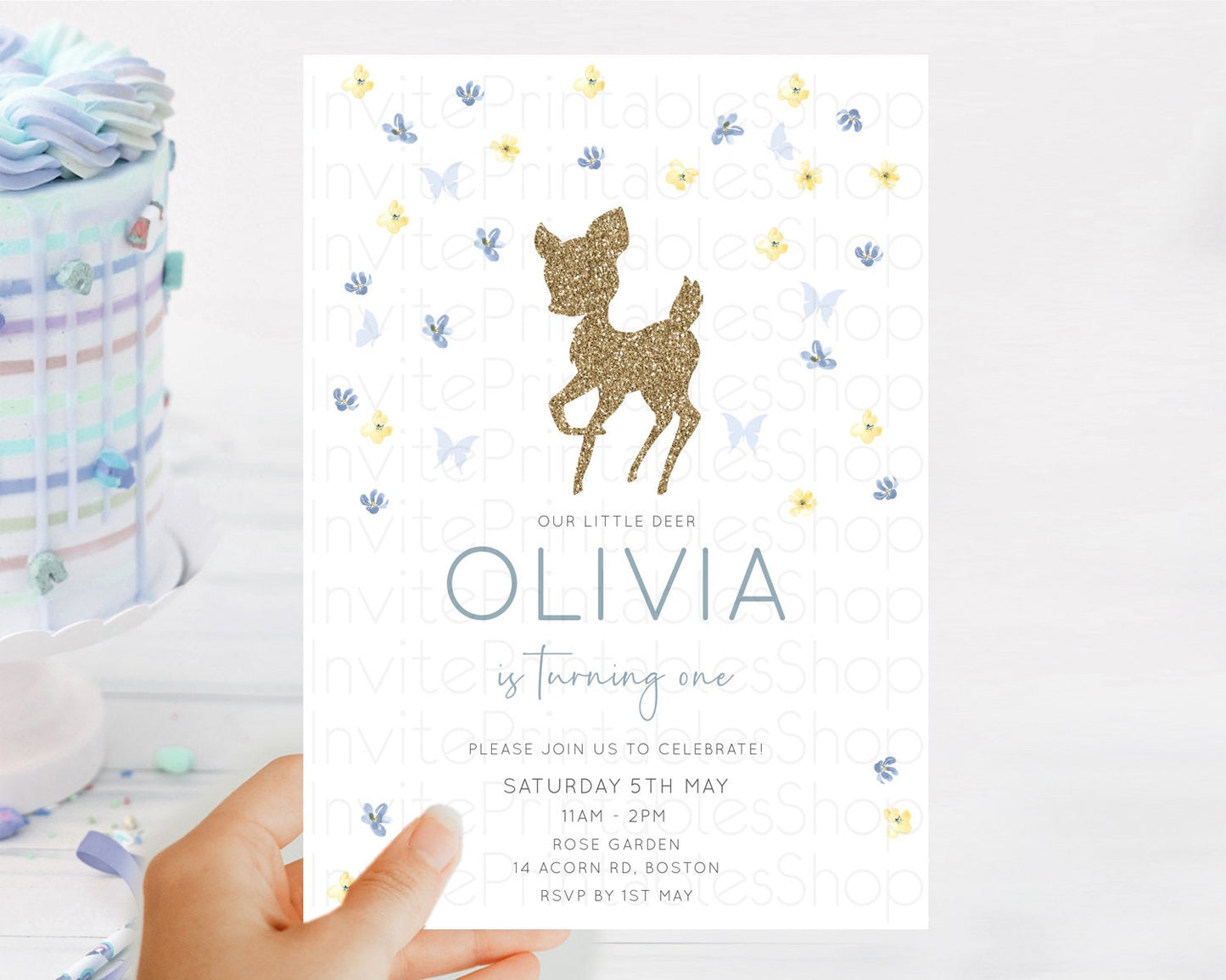 Fawn Birthday Invitation Deer Birthday Invitation Enchanted Forest Party Butterfly Pastel Flowers Whimsical 2nd 1st First Birthday D10864