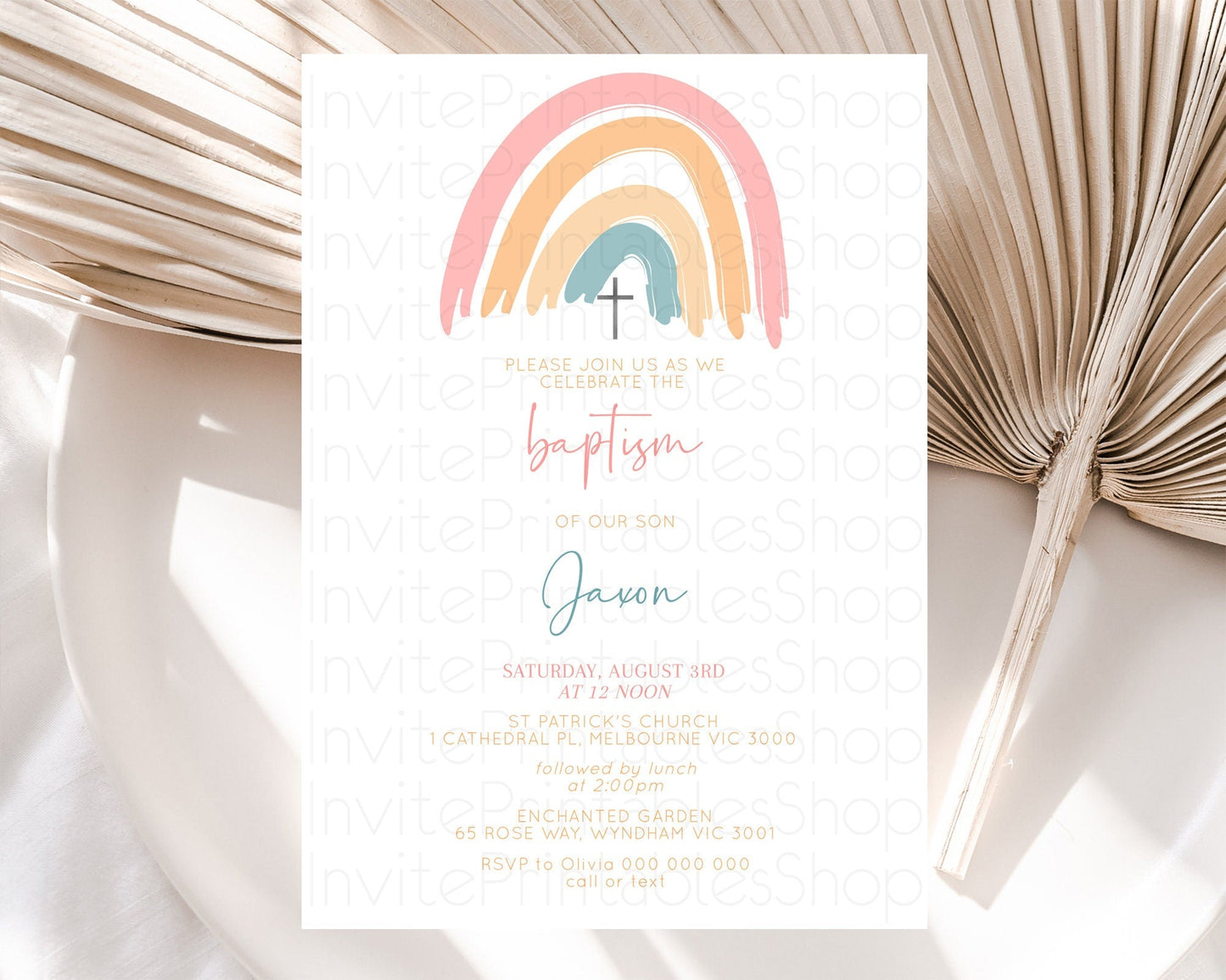Pastel Rainbow Baptism Invitation Boho Rainbow Baptism 1st Birthday Invitation Rainbow Pastel Watercolor Christening Invitation D10351