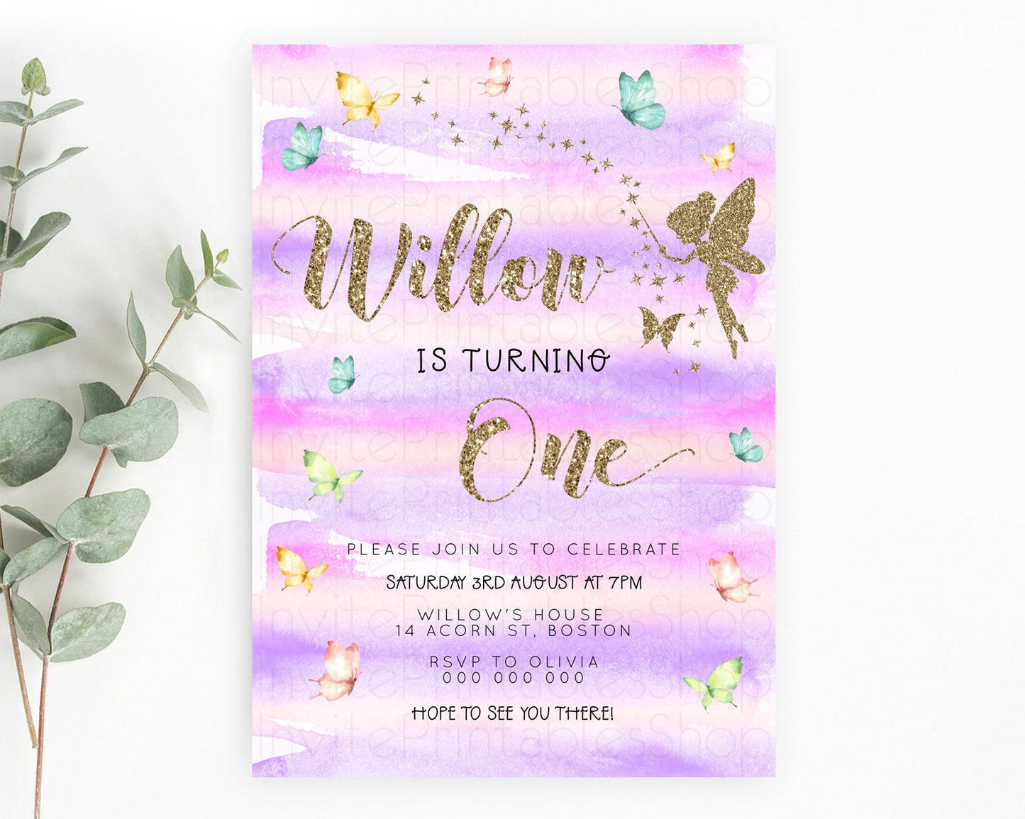 Pastel Fairy Birthday Invitation Pastel Butterflies Fairy Birthday Invitation Rainbow Ombre Watercolor 1st 2nd Birthday Invitation D23313