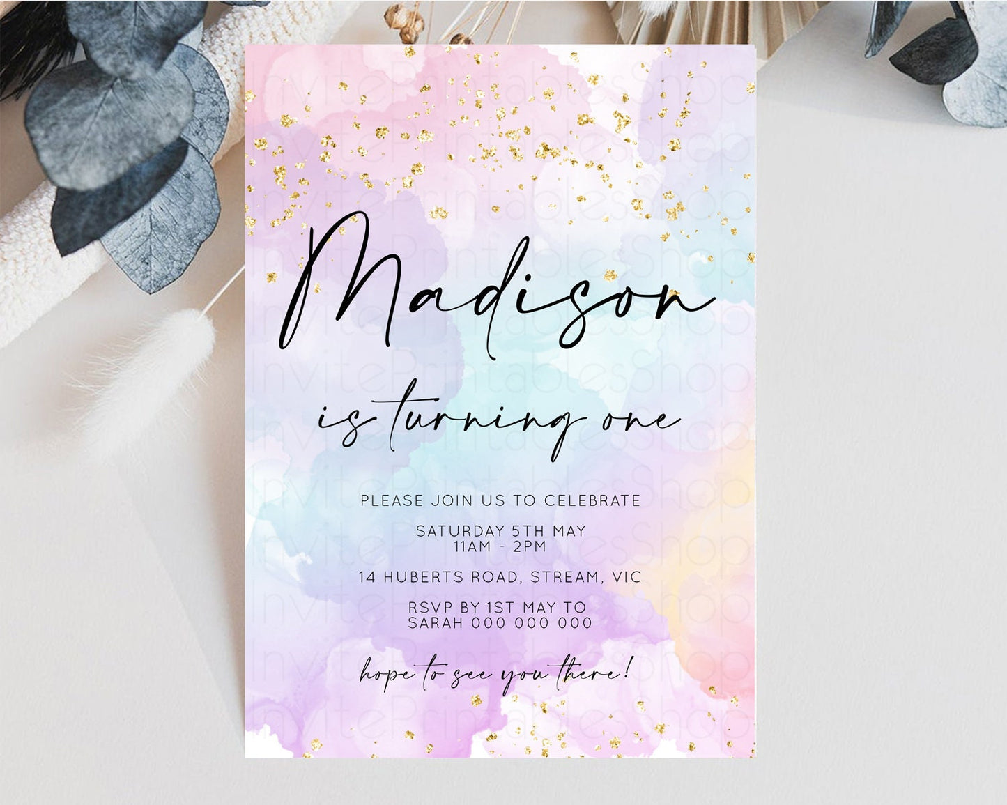 Rainbow Birthday Invitation Pastel Birthday Invitation Ombre Rainbow Invite Colorful Watercolor Invite Glitter Sprinkle Invitation 599v1