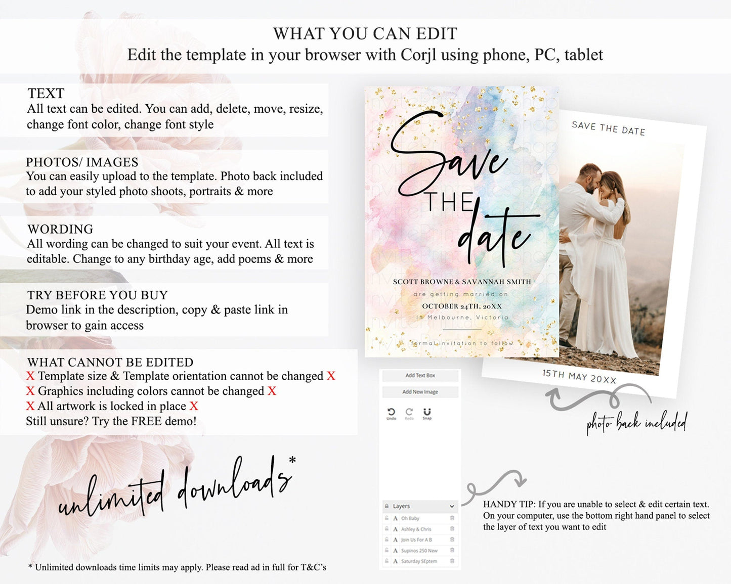 Pastel Save The Date Template Pastel Ombre Rainbow Watercolor Colorful Party For Birthday Baptism Baby Shower Wedding Bridal Shower D10276