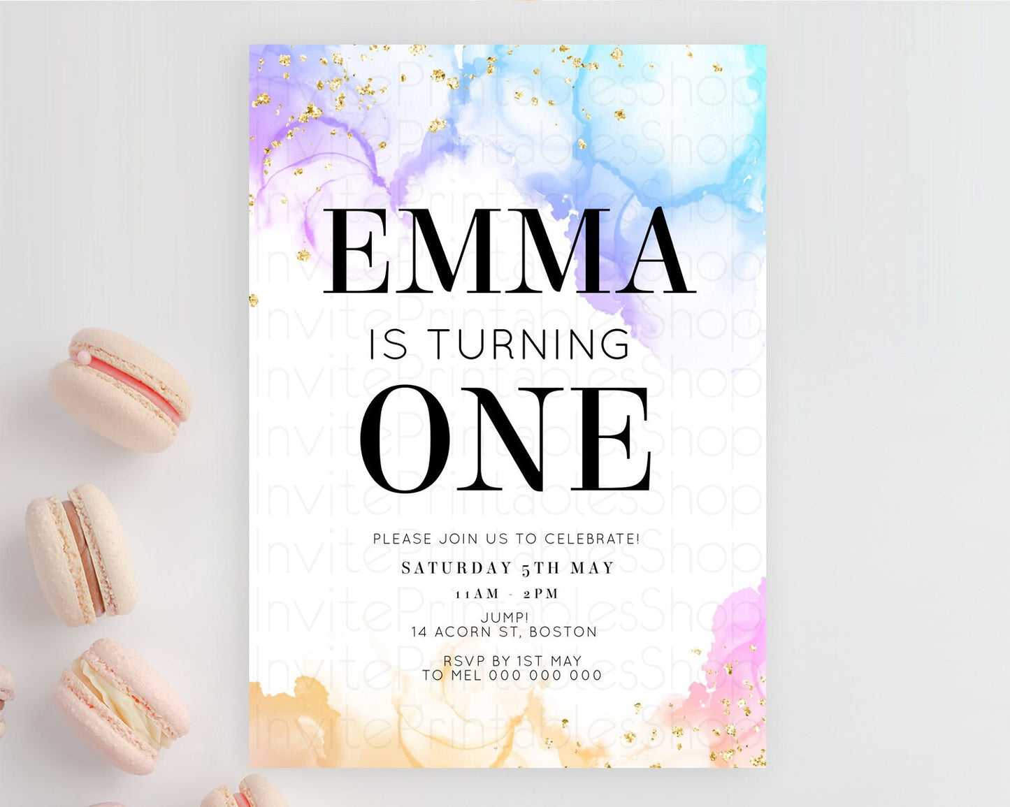 Rainbow Birthday Invitation Colorful Pastel Watercolor Invitation Gold Glitter Sprinkles Ombre Pastel 1st 2nd 3rd Birthday D11018