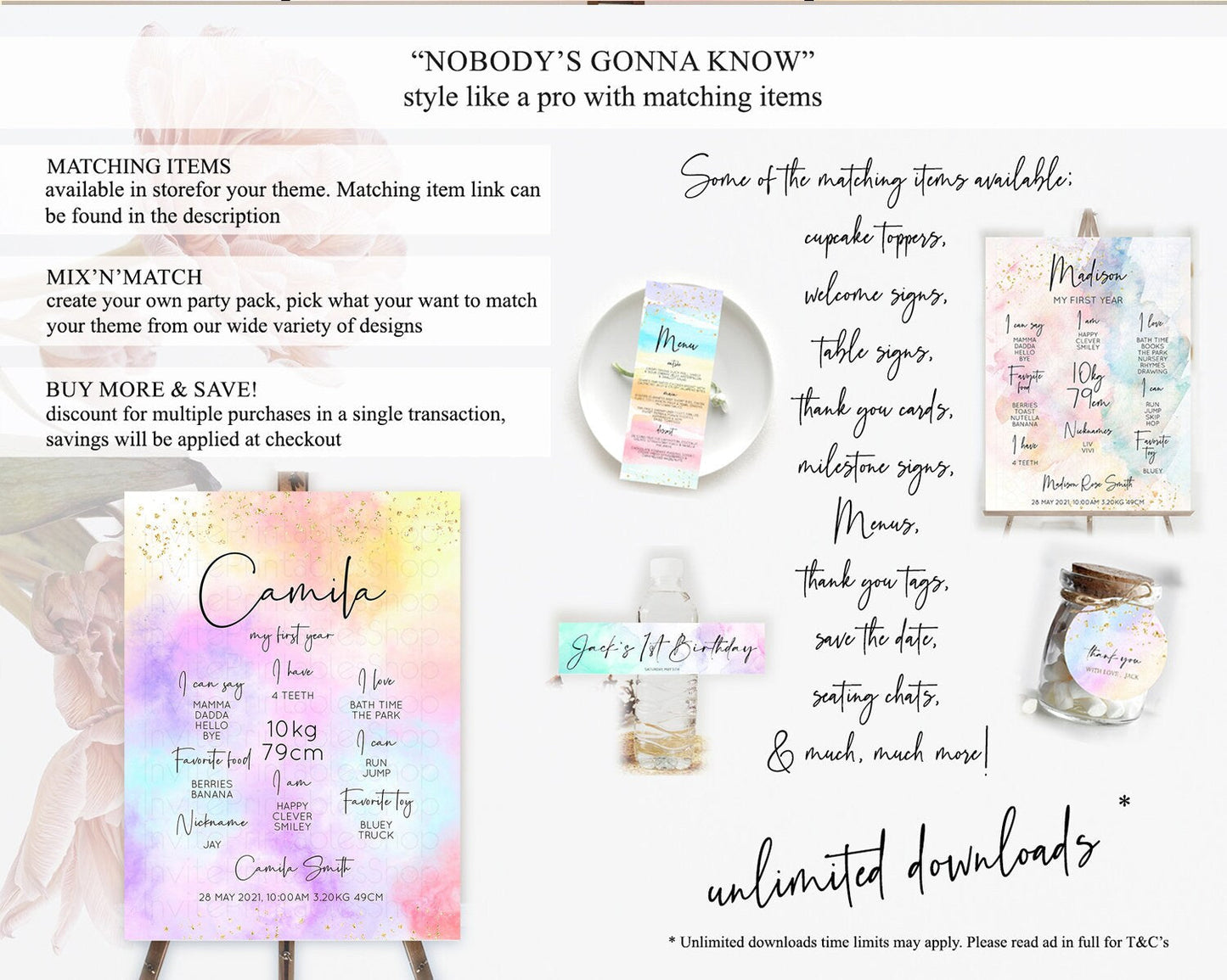 Pastel First Birthday Milestone Board Pastel Rainbow Milestone Poster Colorful Confetti Watercolor Glitter 1st Birthday Welcome Sign D10438