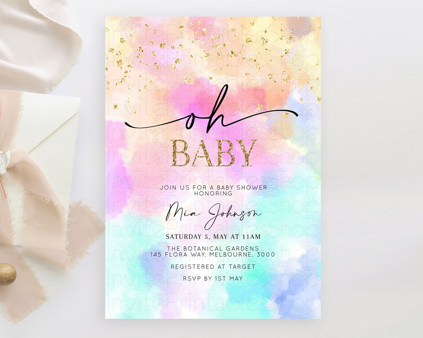 Pastel Baby Shower Invitation Rainbow Baby Shower Invitation Colorful Pastel Watercolor Invitation Gold Glitter Sprinkles Ombre D10667