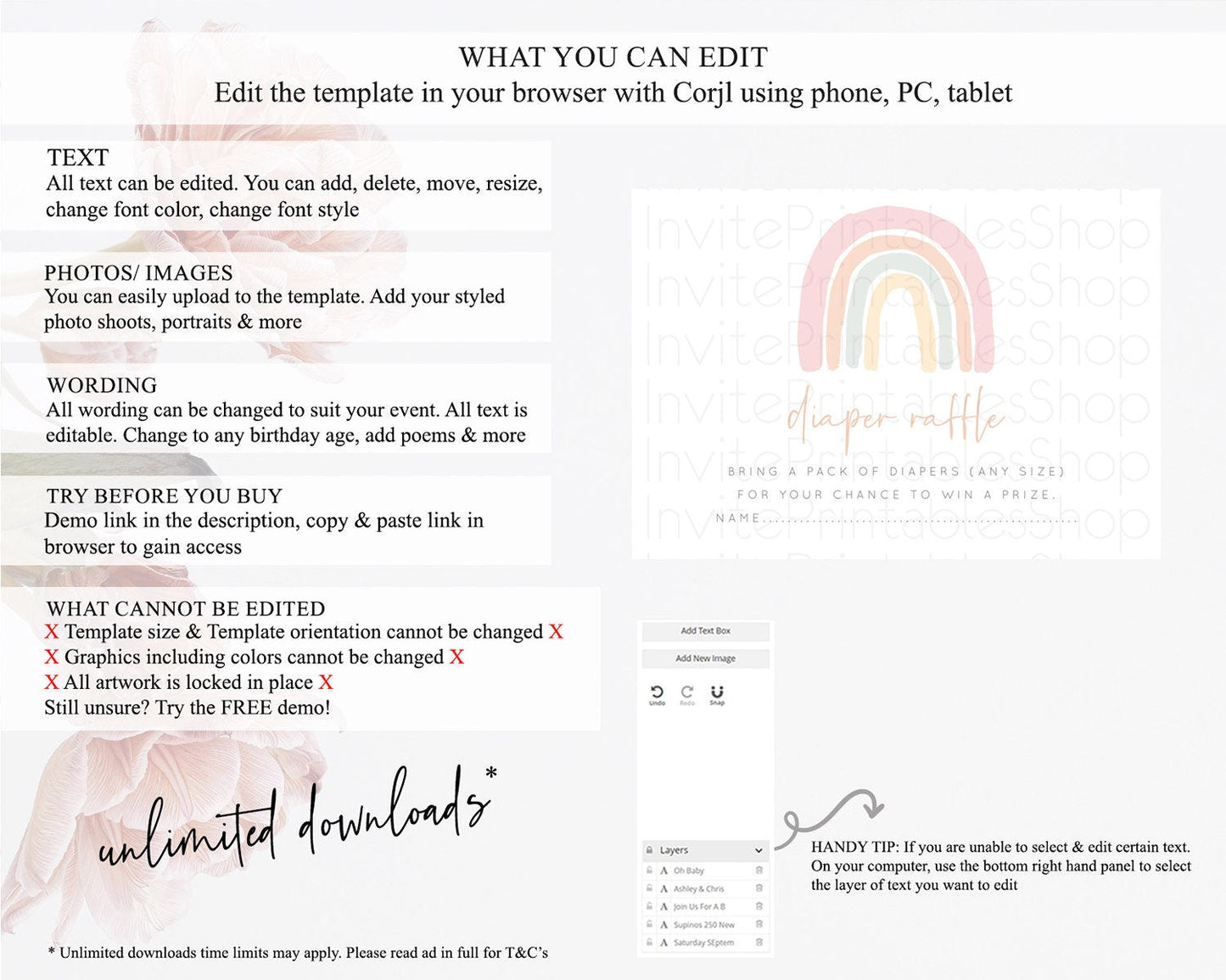 Pastel Rainbow Diaper Raffle Card Boho Rainbow Diaper Insert Boho Rainbow Diaper Ticket Pastel Watercolor Baby Shower Raffle Game D10162