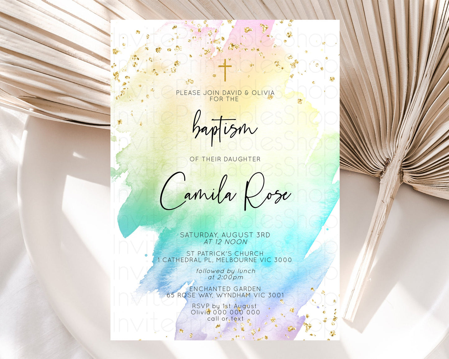 Pastel Baptism Invitation Pastel Colors Watercolor Baptism 1st Birthday Party Gold Ombre Pastel Rainbow Christening Holy Communion D10256