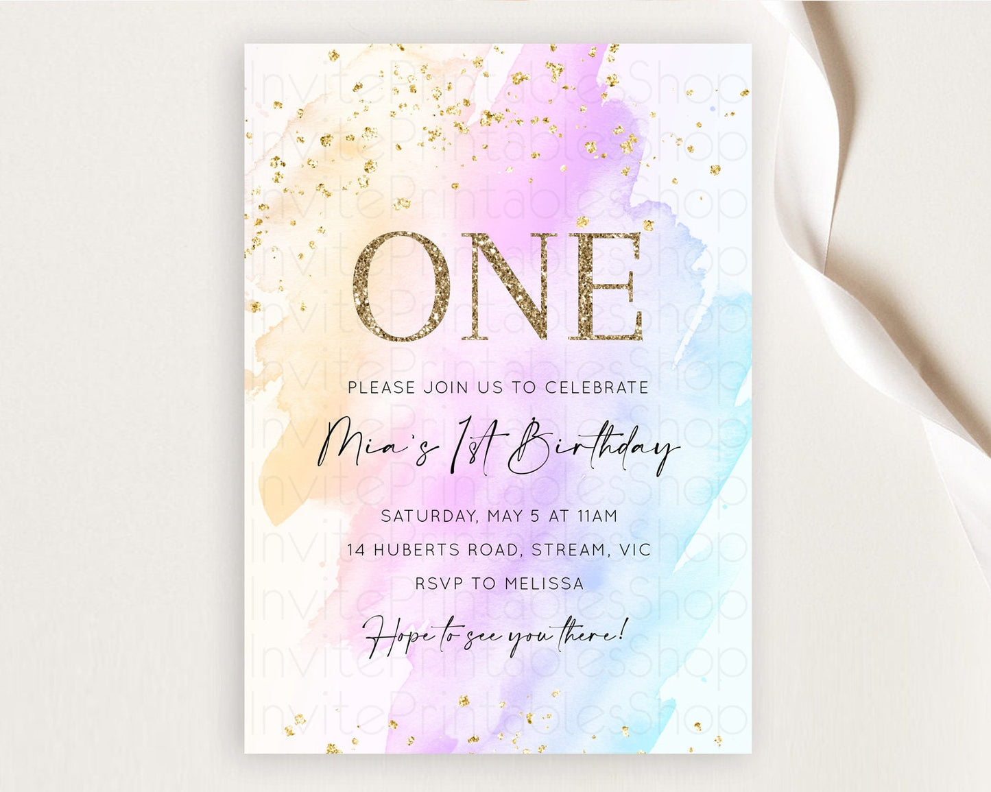 Rainbow Birthday Invitation Colorful Pastel Watercolor Invitation Gold Glitter Sprinkles Ombre Pastel 1st 2nd 3rd Birthday D10175