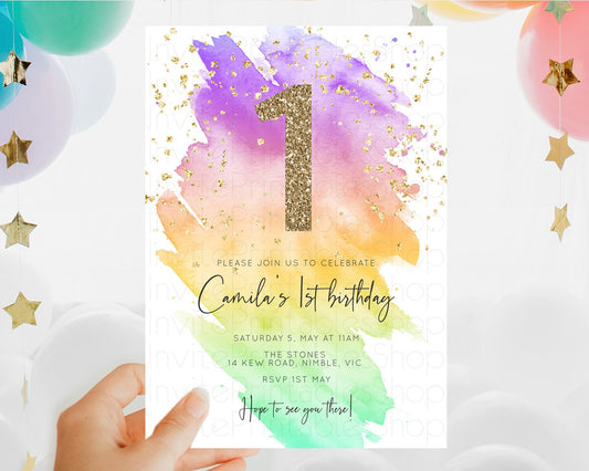 Rainbow Birthday Invitation Colorful Pastel Watercolor Invitation Gold Glitter Sprinkles Ombre Pastel 1st 2nd 3rd Birthday D10518