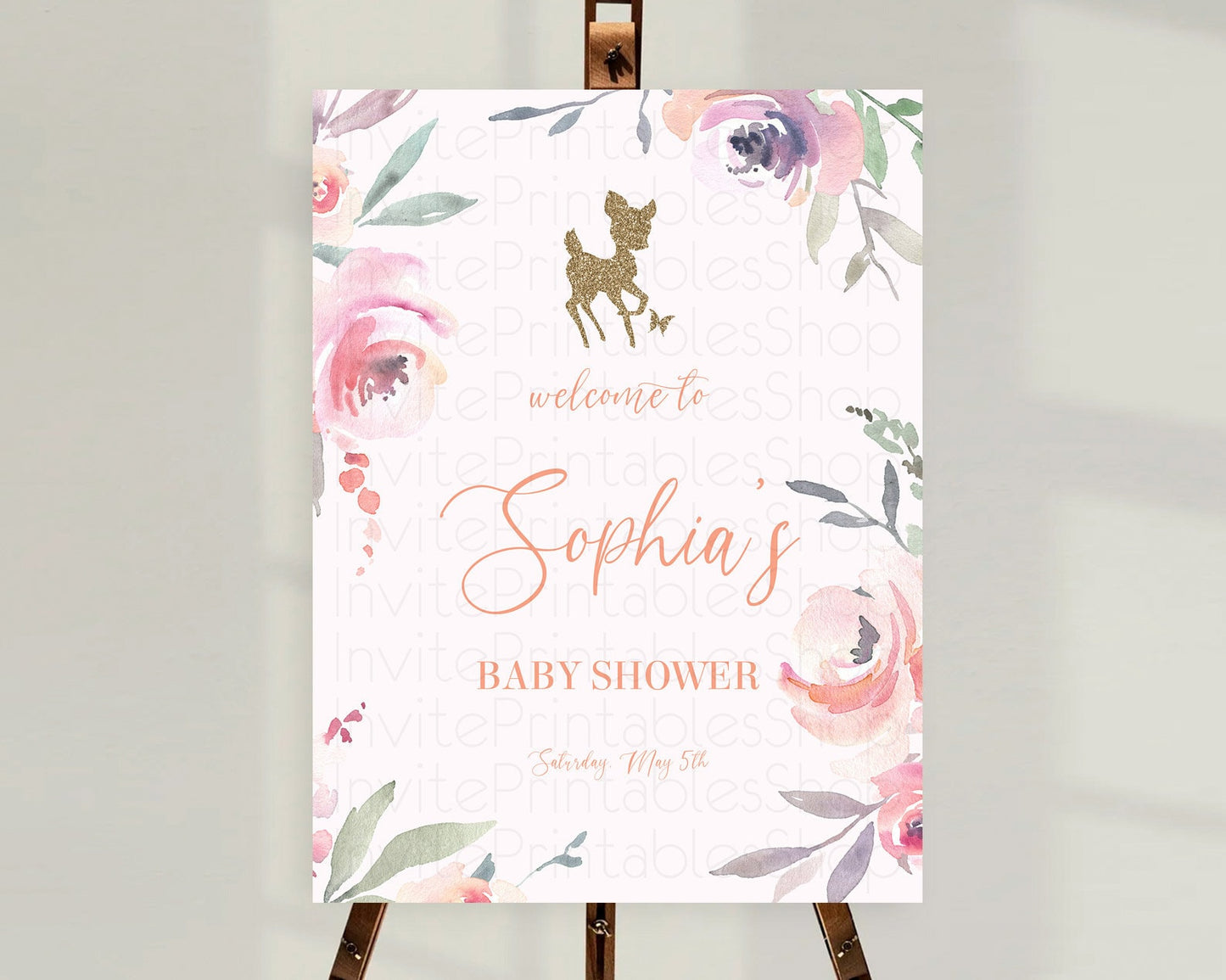 Fawn Baby Shower Welcome Sign Deer Welcome Board Floral Deer Welcome Poster Enchanted Forest Butterfly Pastel Floral Welcome Sign D10196