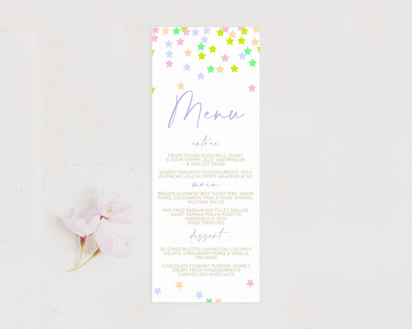 Star Menu Template Pastel Stars Menu Shooting Star Twinkle Little Star Decor Rainbow Colorful Confetti Dinner Dessert Food Menu D10396