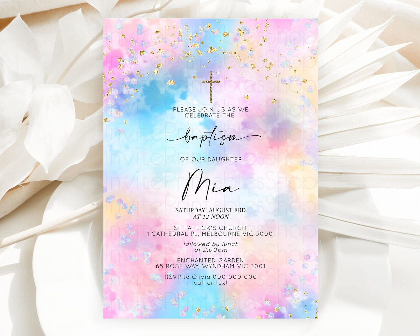 Pastel Baptism Invitation Pastel Colors Watercolor Baptism 1st Birthday Party Gold Ombre Pastel Rainbow Christening Holy Communion D10607