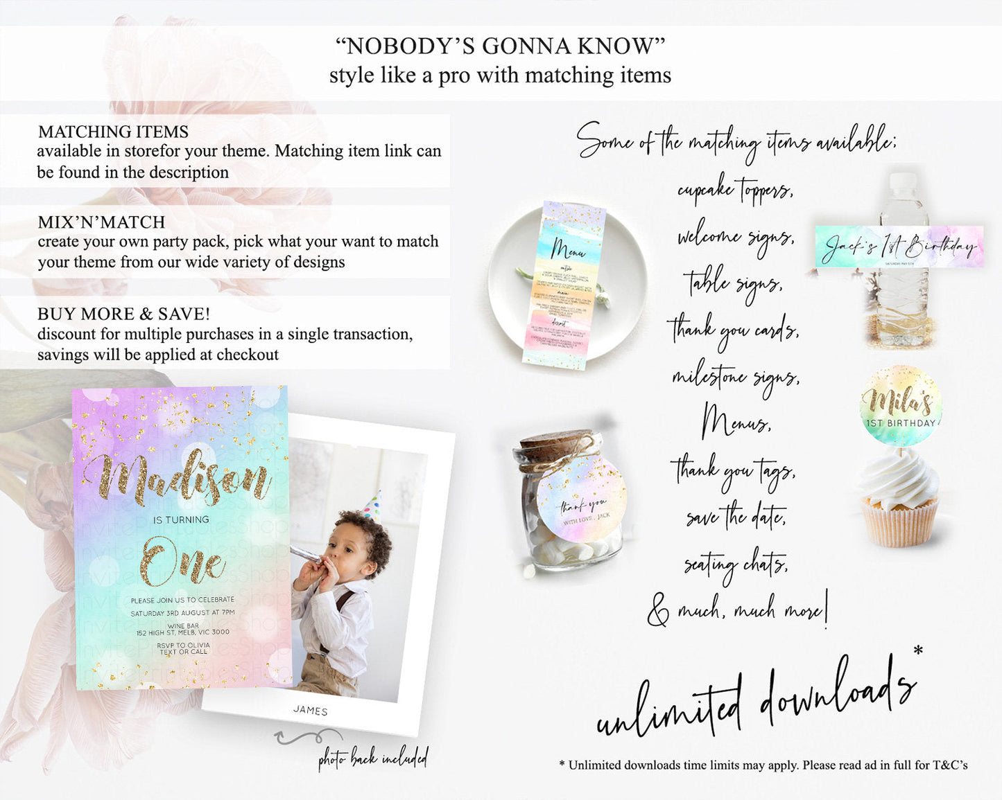 Rainbow Birthday Invitation Colorful Pastel Watercolor Invitation Gold Glitter Sprinkles Ombre Pastel 1st 2nd 3rd Birthday D10621